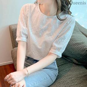 [퀸이즈] 베디 라운드넥 펀칭 반팔 블라우스