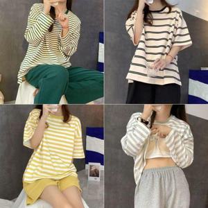 (긴팔/반팔) 스트라이프 캡 패드 내장 잠옷 상하 세트 WFH6OI0