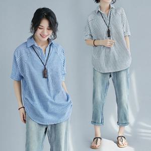 ★3종택1★ [유니제이] 반 오픈 스트라이프 반팔 블라우스