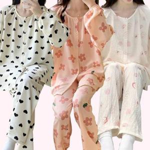 [로즈엘리]러블리 하늘하늘 요루면 주름가공 긴팔 잠옷세트 봄여름 파자마 3컬러