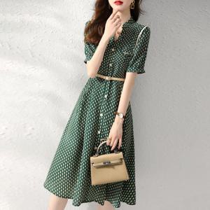 제로투올샵 / 여름 캐주얼 반팔 그린 도트 롱 원피스 그린 XL
