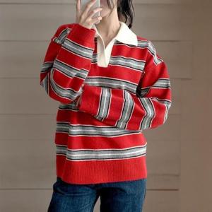 [신상오픈런]여성 오버사이즈 컬러 블록 스트라이프 오픈 카라 레드 티셔츠 (44659889)