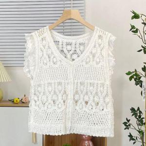 여성 크로셰 베스트 여름 뜨개 조끼 가디건 화이트