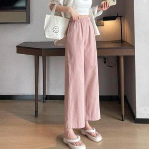 [신상오픈런]레루푸 화이트 웨이스트 밴딩 여성 스트레이트 분홍색 바지