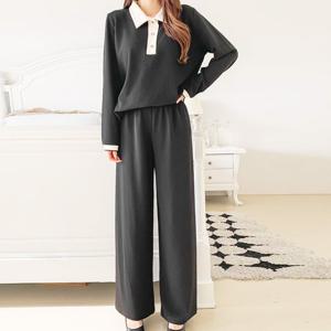 까르죠아 110 빅사이즈 투피스 세트 카라 티셔츠 와이드 팬츠