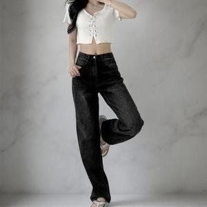 [다잇템]여성 워싱 일자핏 베이직 검정데님 SS 청바지