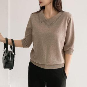 [미라클세븐]여성 언발란스 블링 큐빅 카라 반팔 니트 레드 가을