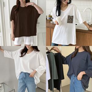 빅사이즈 여자 브이넥 7부 티셔츠 오버핏 반팔 롱 tee