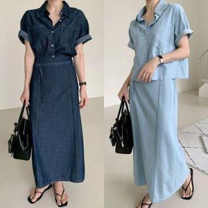 [삐까삐까]여름 데님셔츠 스커트 셋업 투피스 여성 꾸안꾸 코디 세트 청청패션