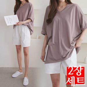 [2장세트] E027 IL 여자 반팔 티 가오리 오버핏 브이넥