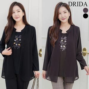 엄마옷 드리다 여자 가을 프린팅 이중 쉬폰 빅사이즈 가디건 티셔츠 50-60대 중년여성 마담옷 출근 선물