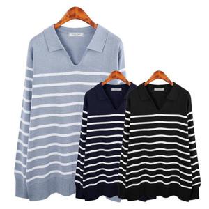 [허밍퍼플]여성용 4628-퀸즈 ST 카라 니트 빅사이즈 스트라이프 니트 긴팔 긴소매 티셔츠 트렌드 여성의..