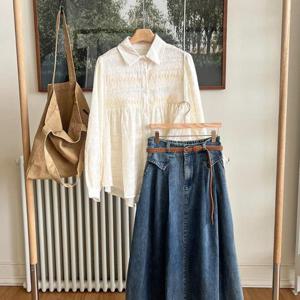 [옷자락] 여자 웨스턴 벨티드 플레어 포켓 청치마 데님 스커트