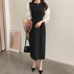 하객룩 데일리룩 출근룩 볼륨소매 배색 원피스 2컬러 WFGT521