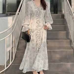 [휴드]러플 플로워라인 쉬폰 롱 원피스