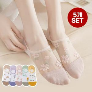 엔비 꽃잎 자수 양말 5개 세트 여성용 시스루 실리콘 페이크삭스