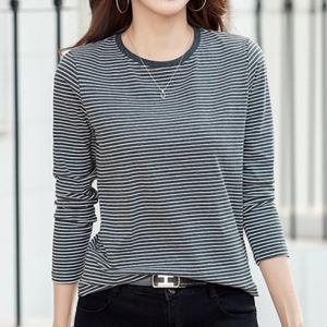 나바바 / NT1427 캐주얼 얇은 단가라 라운드넥 긴팔 티셔츠