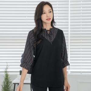 엄마옷 마담4060 체인배색리본블라우스-QBL2503048-