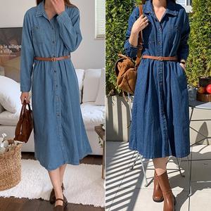 [H2.모데나 ] ★신상특가50%인하 ★ A라인 긴팔 데님 원피스(벨트포함)