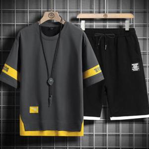 [위즈아이]남성 배색 레이어드 반팔 반바지 여름 트레이닝 세트 WI085SET