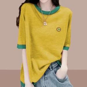 [애슬릿] 면 초록 띠 라운드넥 반팔 티셔츠 여성 봄 옷