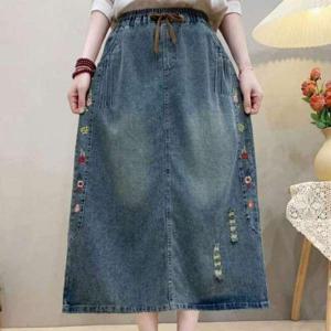 [애슬릿] 여성 데님 스커트 워싱 봄 밴딩 중년 빅사이즈 치마