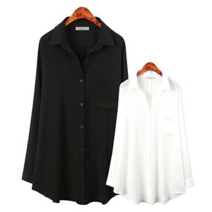 [허밍퍼플]여성용 6816-캐럿 블라우스 찰랑한 카라 셔츠 심플 단추 날씬한 롤업 슬림 체형커버 여성의류