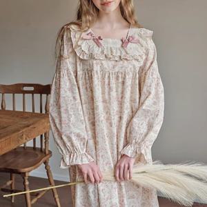 [루즈루나] 레이스 리본 긴팔 원피스 파자마 홈웨어 잠옷 상하 세트