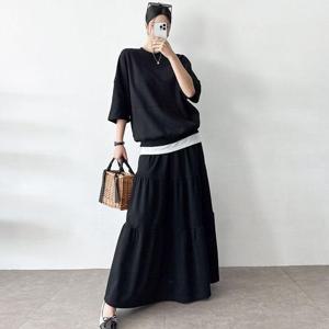 [까르죠아]맨투맨 캉캉 스커트 2종 코디 세트 투피스 빅사이즈 여성 여자 봄 여름 반팔 티셔츠