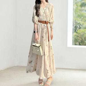 [핑크엘리제]7부 소매 벨트 세트 롱 원피스 플리아원피스