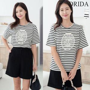 [드리다]여자 여름 스트라이프 단가라 레이스 면 빅사이즈 반팔 티셔츠 40-50대 캐주얼 엄마옷 등원 나들..
