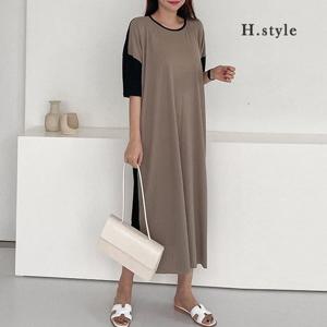 H스타일(GR)노크배색주름원피스 여름 캐주얼 롱루즈핏