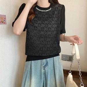 [유니제이] 르포 진주 장식 시스루 퍼프 반팔 블라우스