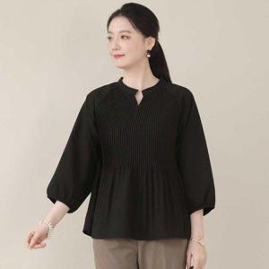 [애비뉴투지]엄마옷 플리츠 루즈핏 A라인 라운드 트임 봄 가을 간절기 칠부 퍼프 소매 블라우스 B10509