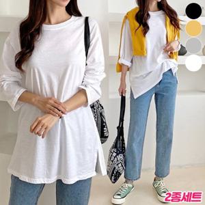 [가비진] 2종세트 여성 옆트임 라운드 베이직 레이어드 티셔츠