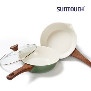 썬터치 리빙온 멀티 세라믹 인덕션 3종 세트 (유리뚜껑24cm포함) (그린)