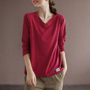 무지 솔리드 티셔츠 여자 브이넥 긴팔티 (WFH6S0S)