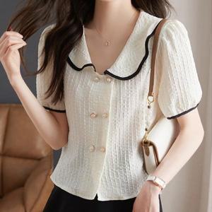 [패션시그널] 와이드라운드넥 반팔 블라우스 자켓 3ADED1