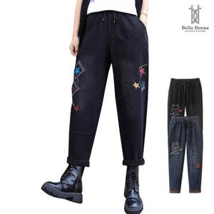 벨라도나 여성 데일리 드롭핏 스트링 밴딩청바지 데님팬츠 자수패치 사계절용 Bon-2677