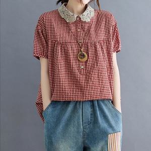 [유니제이] 마링 레이스 카라 체크 블라우스