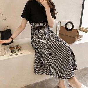 반팔티 허리밴딩 단추 포인트 체크스커트 투피스 검정