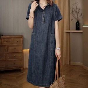 [애슬릿] 중년 여성 스트치 카라 데님 반팔 청 원피스