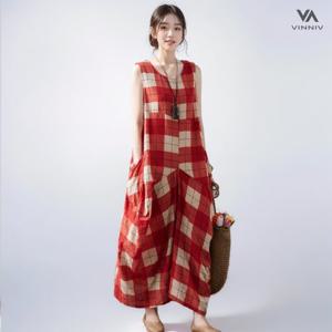 [비니브] 와이드 체크 민소매 원피스