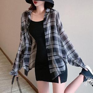 여성 루즈핏 쉬폰 시스루 체크 패턴 남방 셔츠