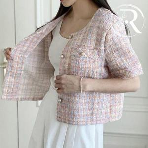 [디자이어로즈]여름 반팔자켓 라운드 여자 트위드