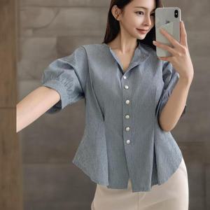 [미라클세븐]여성 여름 하객 패션 스트라이프 핀턱 A라인 반팔 셔츠