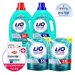 ★3X 딥클린★리큐 진한겔 트리플파워 3.5L용기 2개 + 2L 리필 2개+랩신 냄새제거부스터 5입까지