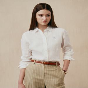 헤지스 여성 [스테디셀러][린넨100]화이트 솔리드 레귤러핏 긴소매 셔츠 (WSSH5BC30WT)