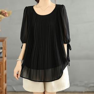 [블랙퀸] 시폰 플리츠 99까지 시스루 오픈 블라우스 blk004648