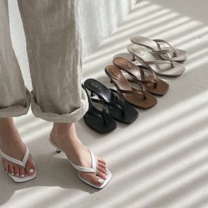 [디아슈즈]여성 스퀘어 가죽 키높이 쪼리힐 5cm